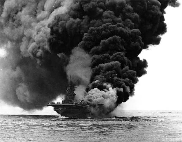 The St. Lo burns after a kamikaze hits the flight deck on the morning of October 25, 1944.