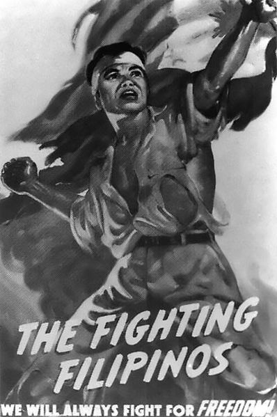 A propaganda poster depicts the Philippine resistance movement during the first year of Japanese occupation. Following the fall of Corregidor on May 6, 1942, the Philippine guerrilla movement provided valuable behind the lines intelligence reports to Allied strategists, as well as ambushing the occupying Japanese forces.
