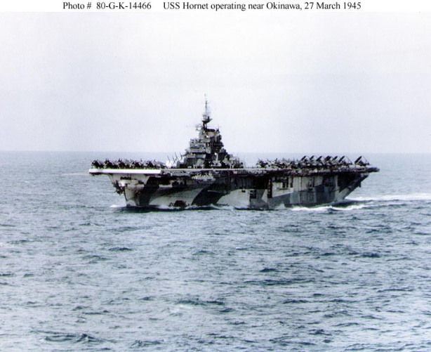 USS Hornet (CV-12) operating near Okinawa, 27 March 1945. The ship is painted in camouflage Measure 33, Design 3a. Official U.S. Navy Photograph, now in the collections of the National Archives (photo # 80-G-K-14466).
